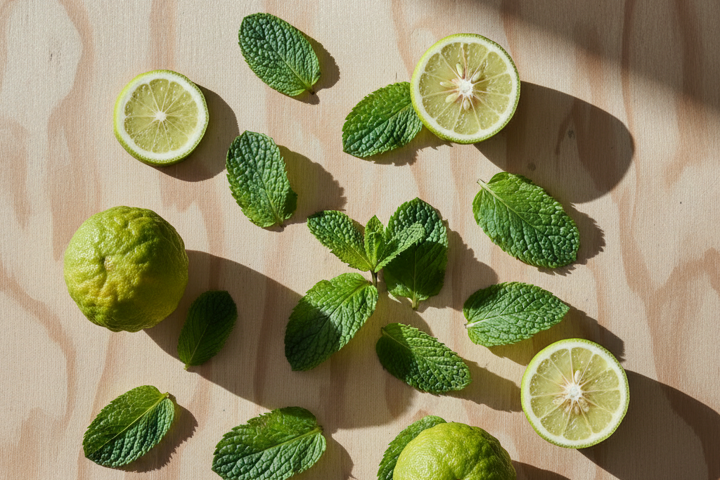 Fresh green limes, some whole and sliced, mixed with mint leaves on a light wood surface with strong natural shadows.